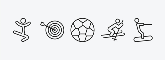 Poster - sports outline icons set. sports icons such as jumping dancer, dartboard and dart, football, skiing,