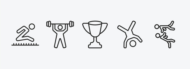 Poster - sports outline icons set. sports icons such as long jump, weightlifter, trophy, cartwheel, two judo fighters vector. can be used web and mobile.