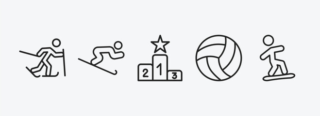 Poster - sport outline icons set. sport icons such as skier skiing, skiing down hill, podium, volleyball, snowboarding vector. can be used web and mobile.