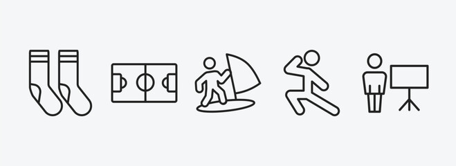 Poster - sport outline icons set. sport icons such as long socks, soccer field, man windsurfing, karate, training vector. can be used web and mobile.