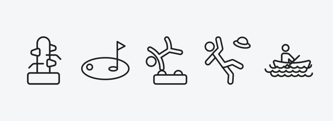Poster - sports outline icons set. sports icons such as wing chun, golf, gymnastics, man losing hat, man in canoe vector. can be used web and mobile.