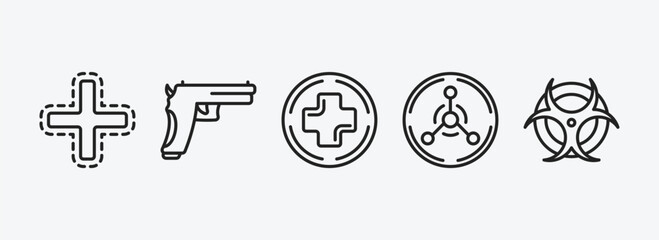 Poster - signs outline icons set. signs icons such as addition, gun, add, radiation, radioactive elements vector. can be used web and mobile.