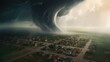 Aerial view of huge tornado in countryside city, windy weather with strong storm and heavy rain above little city, many damaged houses due twister natural disaster, generative AI