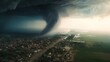 Aerial view of huge tornado in countryside city, windy weather with strong storm and heavy rain above little city, many damaged houses due twister natural disaster, generative AI