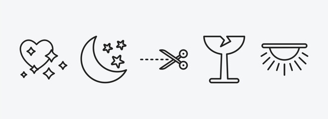 Poster - shapes outline icons set. shapes icons such as heart with shine, half moon and star, cut here, breakeable, dome light vector. can be used web and mobile.
