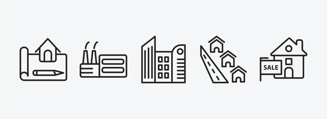 Poster - real estate outline icons set. real estate icons such as technical drawing, industrial park, skyscra