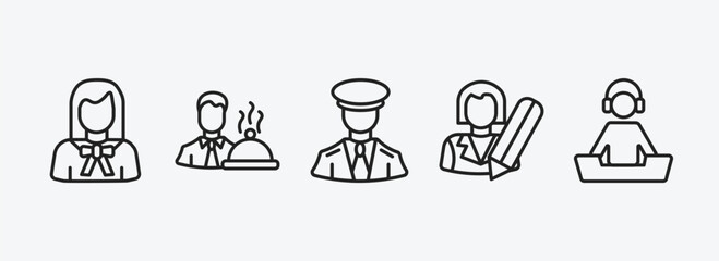 Poster - professions outline icons set. professions icons such as lawyer, waiter, captain, writer, dj vector. can be used web and mobile.