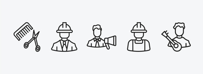 Poster - professions outline icons set. professions icons such as hairdresser, engineer, marketing manager, builder, musician vector. can be used web and mobile.
