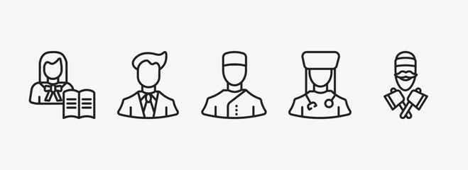 Poster - professions outline icons set. professions icons such as teacher, businessman, concierge, physician assistant, lumberjack vector. can be used web and mobile.