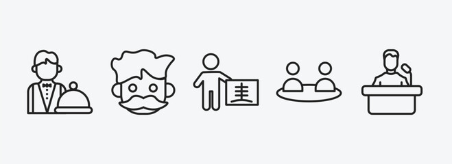 Poster - people outline icons set. people icons such as waiter working, hipster smile, radiologist working, relations, leader speech vector. can be used web and mobile.