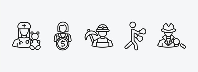 Poster - professions outline icons set. professions icons such as pediatrician, financial manager, miner, boxer, detective vector. can be used web and mobile.