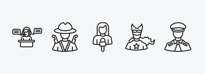 Poster - professions outline icons set. professions icons such as secretary, hunter, journalist, superhero, pilot vector. can be used web and mobile.