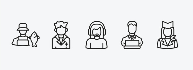 Poster - professions outline icons set. professions icons such as fisherman, doctor, callcenter, programmer, air hostess vector. can be used web and mobile.