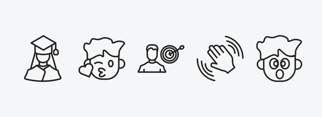 Poster - people outline icons set. people icons such as graduating woman, kiss smile, man with target, waving goodbye, surprised smile vector. can be used web and mobile.