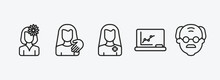 People Outline Icons Set. People Icons Such As Woman With Flower, Sexual Harassment, Pacient, Classroom Stats, Old Man Vector. Can Be Used Web And Mobile.
