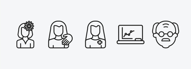 Poster - people outline icons set. people icons such as woman with flower, sexual harassment, pacient, classroom stats, old man vector. can be used web and mobile.