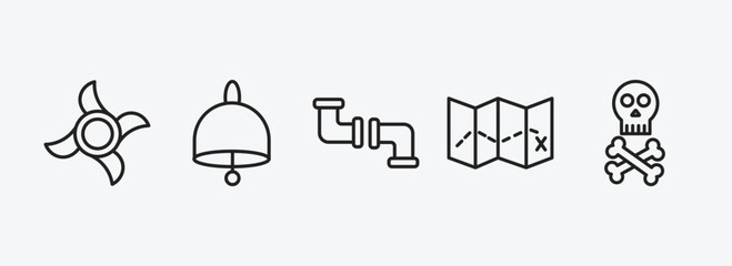 Poster - nautical outline icons set. nautical icons such as ship engine propeller, big bell, pipe, treasure map, skull and bones vector. can be used web and mobile.