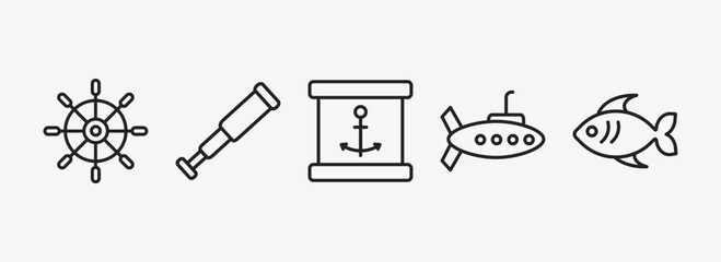 Poster - nautical outline icons set. nautical icons such as boat steering wheel, nautical monocular, sea package, submarine, fish vector. can be used web and mobile.