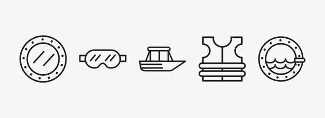 Poster - nautical outline icons set. nautical icons such as submarine window, snorkling glasses, yacht facing right, life jacket, porthole vector. can be used web and mobile.