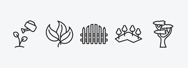 Poster - nature outline icons set. nature icons such as watering plant, green, picket fence, mountains with trees, eastern white pine tree vector. can be used web and mobile.