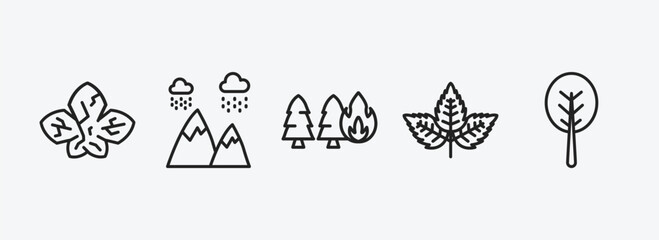 Poster - nature outline icons set. nature icons such as dry leaf, rainy landscape, pine tree on fire, straberry leaf, orbicular vector. can be used web and mobile.