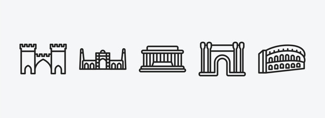 Poster - monuments outline icons set. monuments icons such as medieval, id kah mosque, national mall, barcelona, pula arena vector. can be used web and mobile.