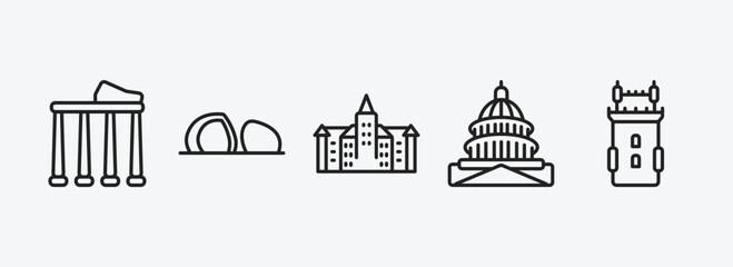 Poster - monuments outline icons set. monuments icons such as temple of apollo, al shaheed monument, bran castle, united states capitol, belem tower vector. can be used web and mobile.