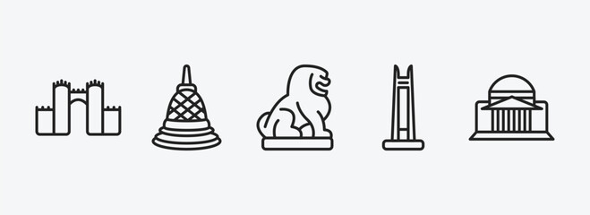Poster - monuments collection. outline icons set. monuments collection. icons such as medieval walls in avila, borobudur, imperial guardian lion, circle, bay vector. can be used web and mobile.