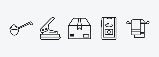 Poster - miscellaneous outline icons set. miscellaneous icons such as measuring spoon, puncher, product, front camera, towel rack vector. can be used web and mobile.