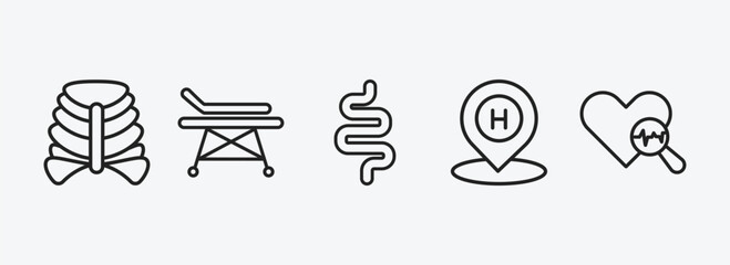 Poster - medical outline icons set. medical icons such as sternum, hospital bed side view, intestines, hospital placeholder, medical heart scan vector. can be used web and mobile.