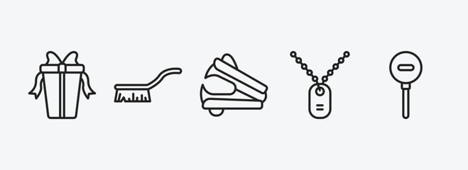 Poster - miscellaneous outline icons set. miscellaneous icons such as wrapped gift, cleaning brush, stapler remover, army dog tag, diminish vector. can be used web and mobile.