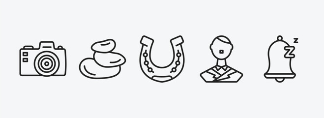Poster - miscellaneous outline icons set. miscellaneous icons such as camera front, pebble, horseshoes, german, snooze vector. can be used web and mobile.