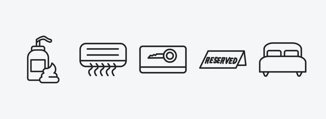 Poster - hotel and restaurant outline icons set. hotel and restaurant icons such as lotion, air conditioner, key card, reserved, double bed vector. can be used web and mobile.