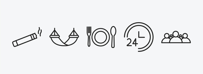 Poster - hotel and restaurant outline icons set. hotel and restaurant icons such as smoking, hammock, food, 24 service, people vector. can be used web and mobile.