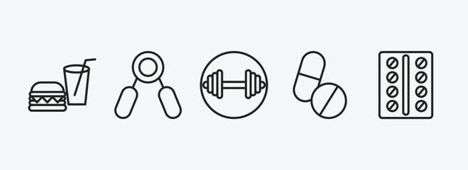 Poster - health and medical outline icons set. health and medical icons such as fast food, handgrip, weightlifting, pills, contraceptive pills vector. can be used web and mobile.