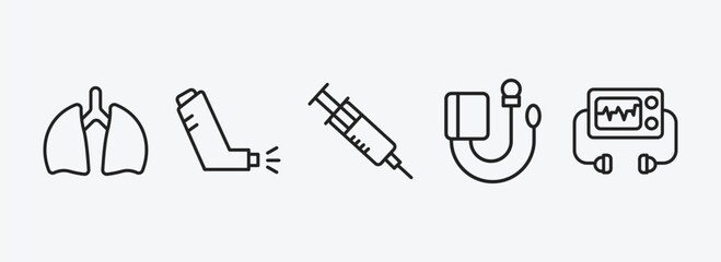 Poster - health and medical outline icons set. health and medical icons such as lung, inhalator, injection, sphygmomanometer, defibrillator vector. can be used web and mobile.