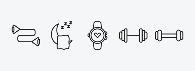 Poster - gym and fitness outline icons set. gym and fitness icons such as resistance band, sleep, training watch, barbell weightlifting, exercising dumbbell vector. can be used web and mobile.