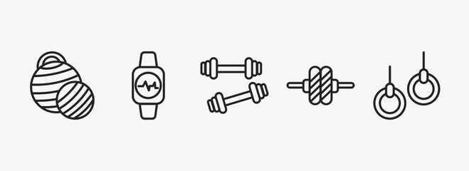 Poster - gym and fitness outline icons set. gym and fitness icons such as pilates ball, fitness watch, little dumbbell, roller, gymnastic rings vector. can be used web and mobile.