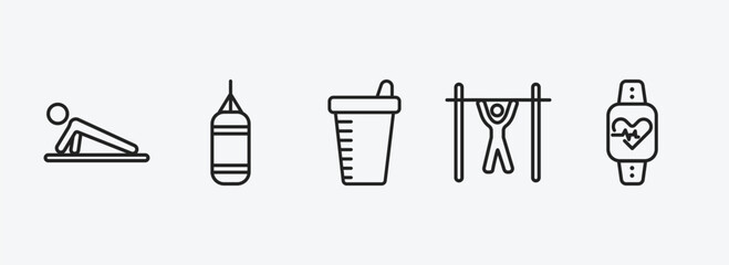 Poster - gym and fitness outline icons set. gym and fitness icons such as push up, boxing bag, protein shake, bar exercising, pulsometer vector. can be used web and mobile.