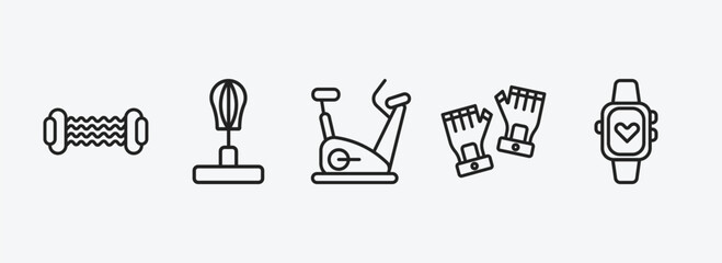 Poster - gym and fitness outline icons set. gym and fitness icons such as resistance, standing punching ball, exercise bike, fitness gloves, sport watch vector. can be used web and mobile.