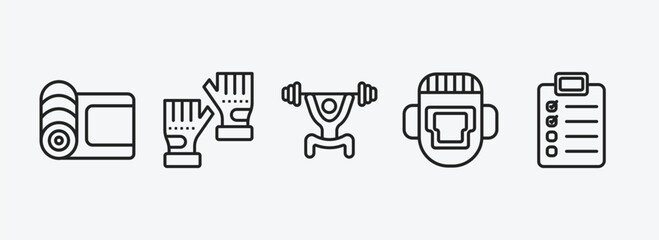 Poster - gym and fitness outline icons set. gym and fitness icons such as mat for fitness, sport gloves, lifting barbell, headgear, to do list vector. can be used web and mobile.