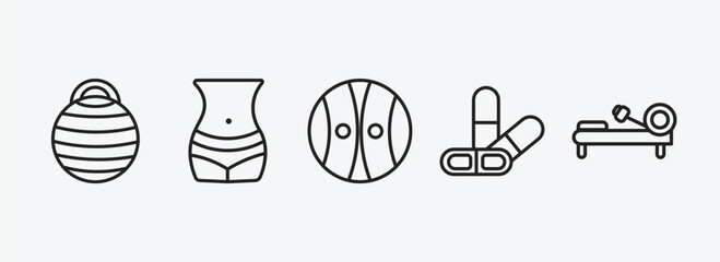 Poster - gym and fitness outline icons set. gym and fitness icons such as fitness ball, body, power ball, press simulator, rowing hine vector. can be used web and mobile.