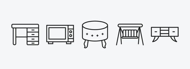 Poster - furniture & household outline icons set. furniture & household icons such as desk, microwave, footstool, porch swing, credenza vector. can be used web and mobile.