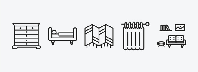 Poster - furniture & household outline icons set. furniture & household icons such as chest of drawers, daybed, room divider, shower curtain, livingroom vector. can be used web and mobile.