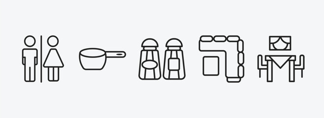 Poster - furniture & household outline icons set. furniture & household icons such as wc, small saucepan, salt and pepper shakers, corner sofa, dining room vector. can be used web and mobile.