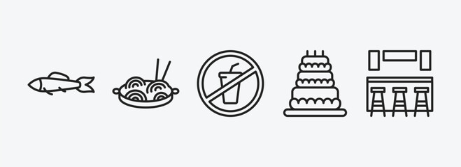 Poster - food outline icons set. food icons such as sardines, chow mein, no drinking, celebration cake, cafe bar vector. can be used web and mobile.