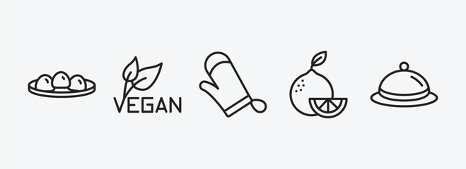 Wall Mural - food outline icons set. food icons such as mantou, vegan, cooking mitts, citrus fruits, covered food tray vector. can be used web and mobile.