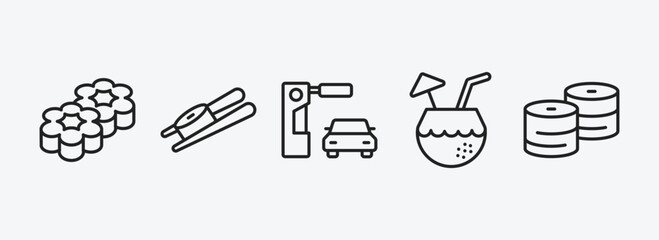 Poster - food outline icons set. food icons such as flower shaped biscuits, sushi and chopsticks, drive throu