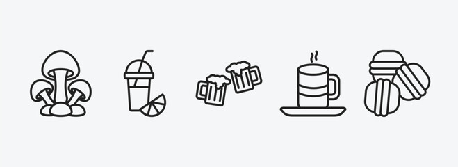 Poster - food outline icons set. food icons such as mushrooms, fresh smoothie, beers, warm cup and plate, arons vector. can be used web and mobile.