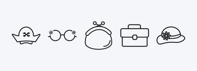 Poster - fashion outline icons set. fashion icons such as pirate hat, eyewear, purses, office briefcase, round hat vector. can be used web and mobile.